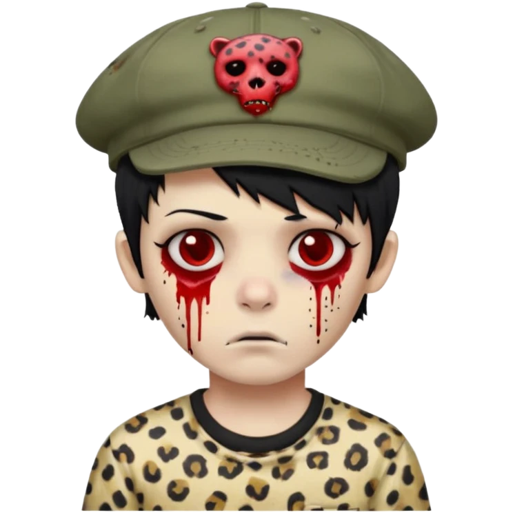 Zombie Boy with black hair and a little blood on his face and sleepy eyes and a cap that has the phrase #jimmy written on it , and a shirt with cheetah texture emoji emo emoji