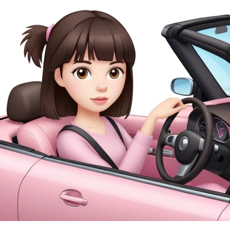 girl with dark brown hair with bangs and pale skin driving convertible car with light pink interior emoji