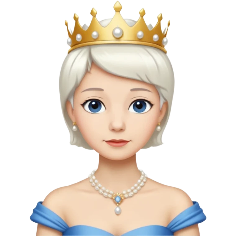 Queen with white short hair – gold tiara, pearl necklace, elegant gown, blue dress emoji