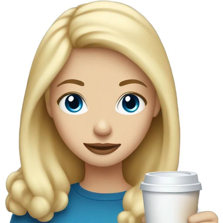 Blonde girl holding a coffee with blue eyes emoji