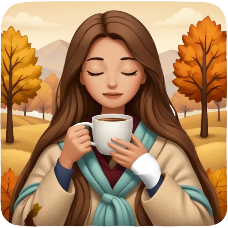 long brown hair woman closed eyes hiding under a cozy wool beige blanket, holding cup of coffee, autumn mood emoji