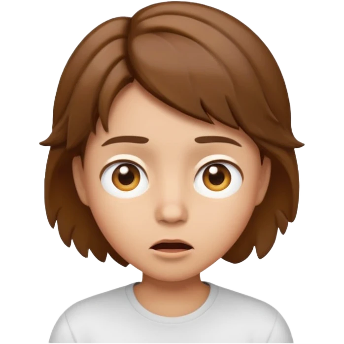 face emoji inspired by a person with short tousled brown hair, surprised expression, light skin, wearing a white shirt emoji
