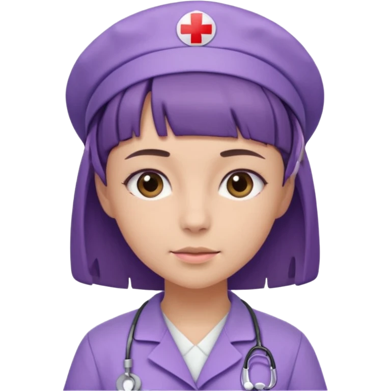 A young female slim nurse with short Brown hair with fringe over her forehead, wearing larvendar purple working cloth emoji
