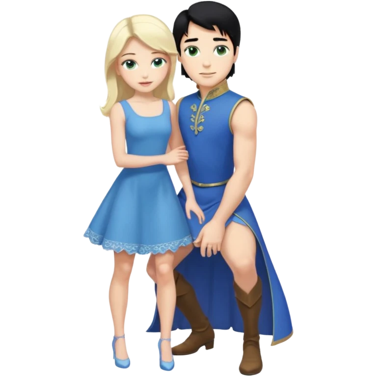 prince, upright, black Hair, blue eyes, blue garment,  Woman, blonde Hair, Green eyes, bending knee, sleveless, white Dress, emoji