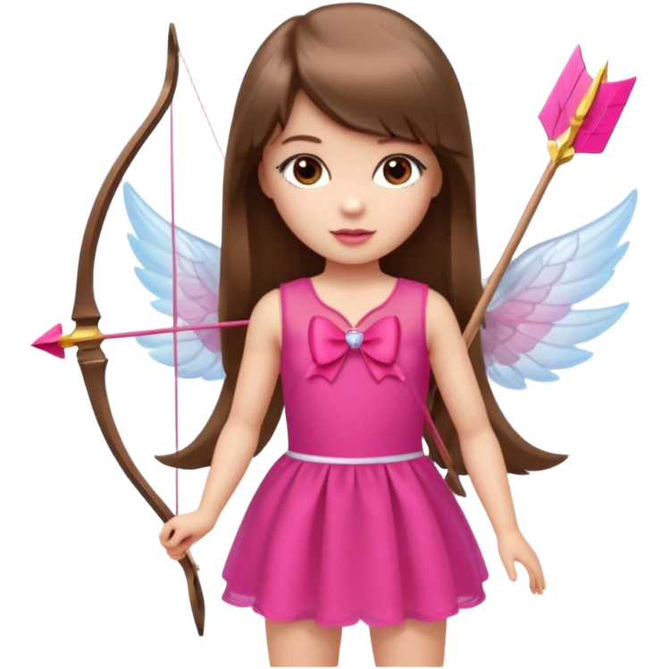 Hada de piel clara cupido pequeña  de cabello largo lacio castaño con flequillo y ojos cafés  vestida con algo sensual semitransparente corto color blanco o rojo con 1 arco y una sola flecha que combinen y labios rositas tipo Barbie pero en hada cupido de cuerpo completo de pies a cabeza   emoji