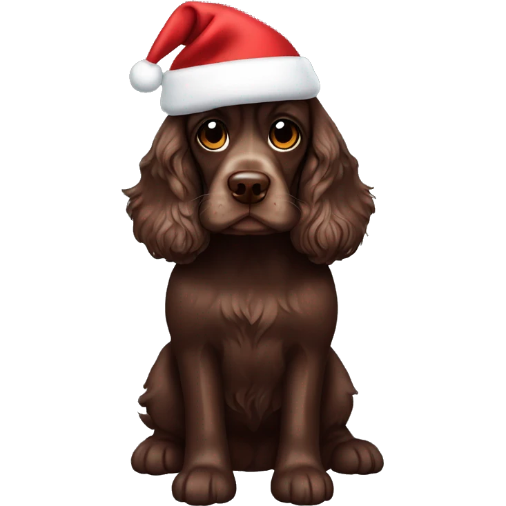 Chocolate brown cocker spaniel wearing santa hat emoji
