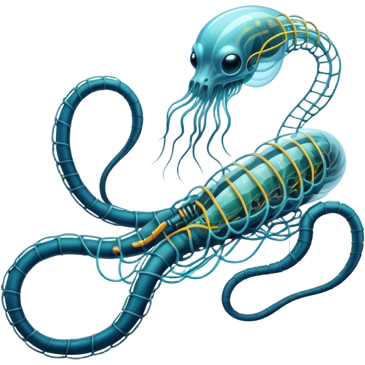 A high-tech serpent made of electric wires and cables with rubber scales that reveal its electric skeleton, possessing both jellyfish-like tendrils and the ability to generate electrical pulses that illuminate the ocean depths. emoji