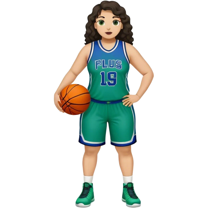 full body plus size light skin latino women basketball player with wavy dark hair large wide nose wearing blue with green uniform emoji