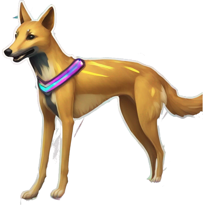  brindle brown black maroon striped lurcher Alsatian fox running blue eyes and iridescent holographic oilslick harness wearing paper iridescent tropical flower crown yellow caution tape emoji