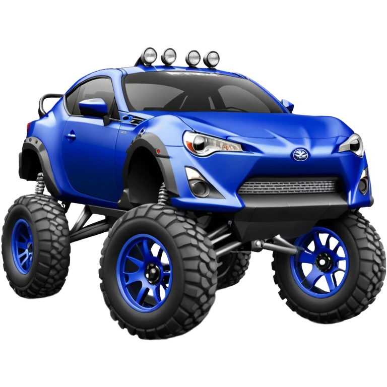 Armored Dirty raced redneck jacked 2013 scion fr-s ultramarine off road 4wd monster Baja dessert stadium rock racer number 86 with long travel suspension, shiny silver wheels, exaggerated wide black fender flares  emoji