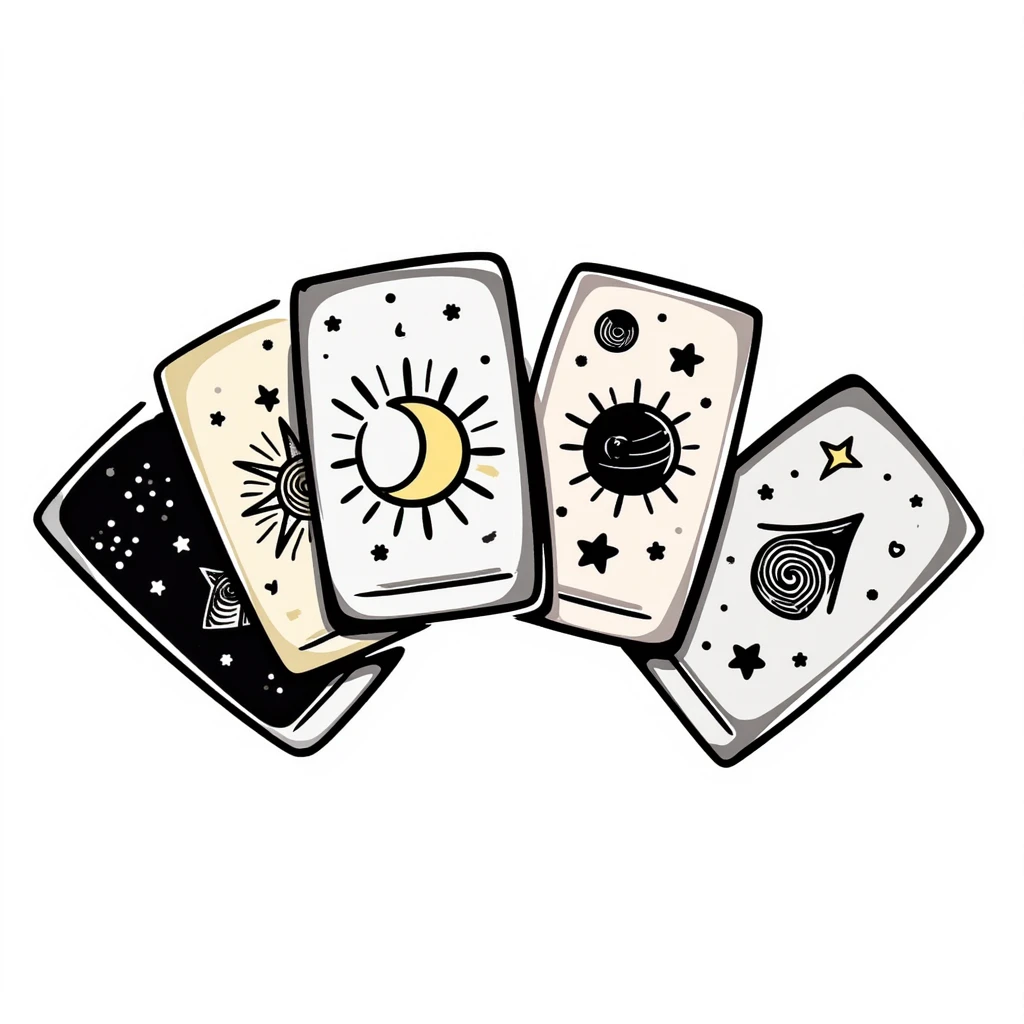 Mystical tarot cards arranged in a fan or spread pattern with celestial and mystical symbols. Using specific pastel colors (dd9fb0, ffc6d3, a3bfc9, c4bee2, f1b091). Hand-drawn doodle style with intricate details of cards showing symbols like sun, moon, stars. Transparent background. emoji