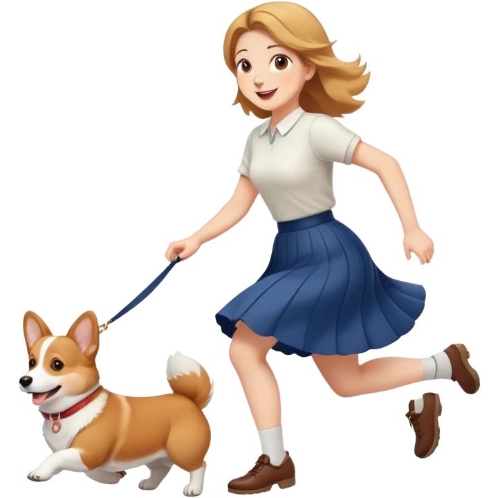 A beautiful girl with fair skin happily chases a corgi in a skirt emoji