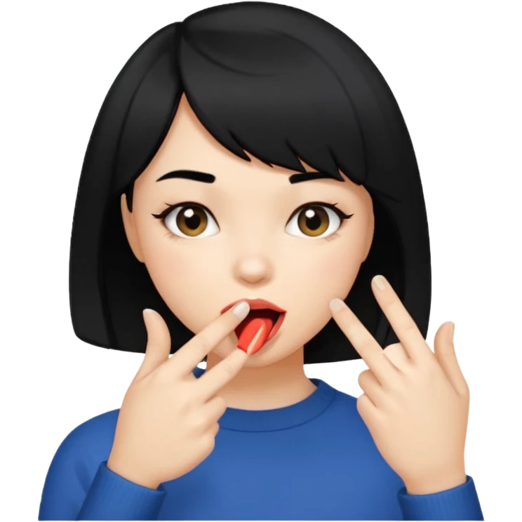 Chicas con pelo negro y corte bob haciendo que se muerde uno de sus dedos de manera picara, puedes hacer que se muerda el dedo sin sacar la lengua. Solo una mano emoji