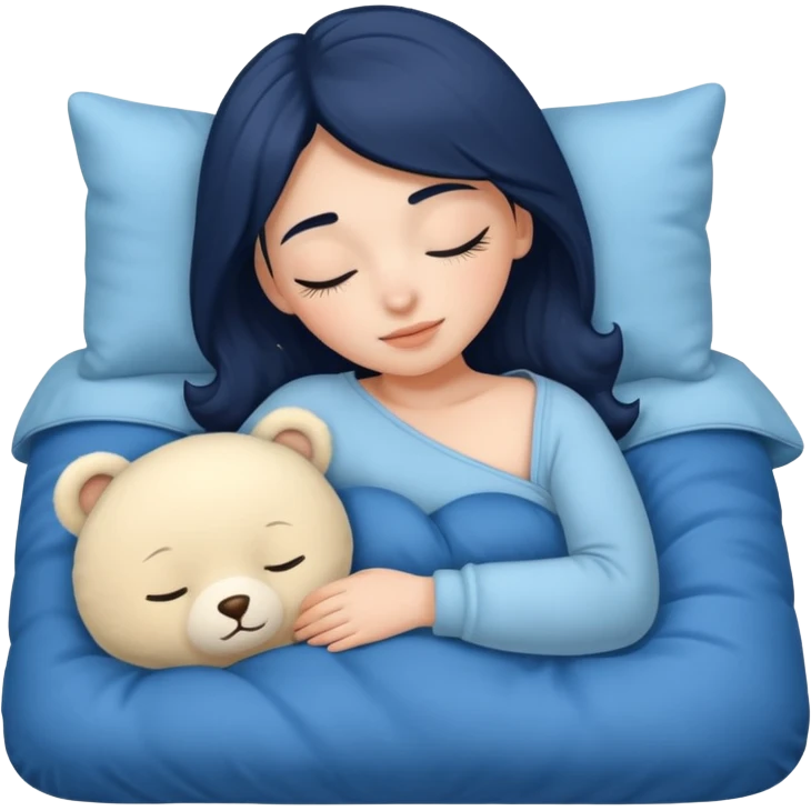 single-girl-in-Warm Cream-cozy-blue-bed-sleeping-pretty-eyelashes-light-skin-with toy emoji