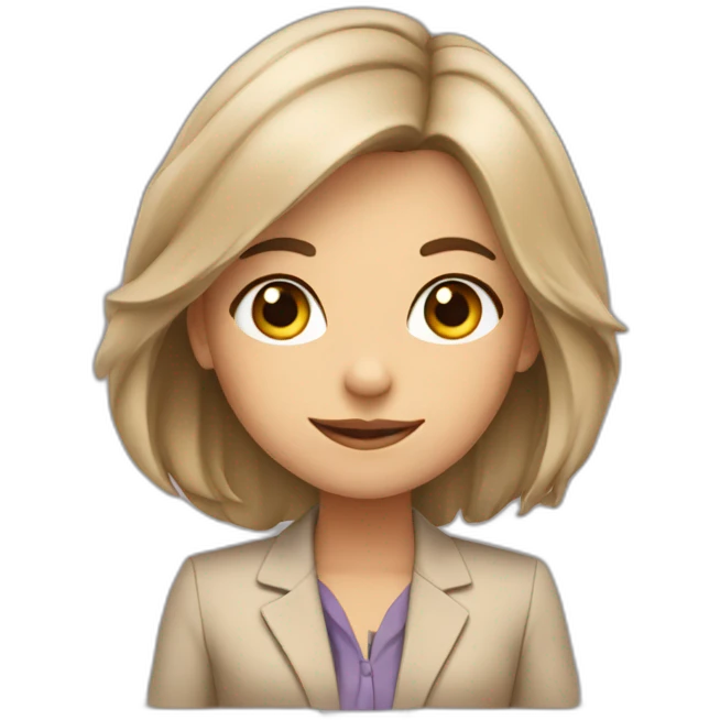A girl with gray eyes and shoulder-length hair sits in a beige business suit at a laptop emoji