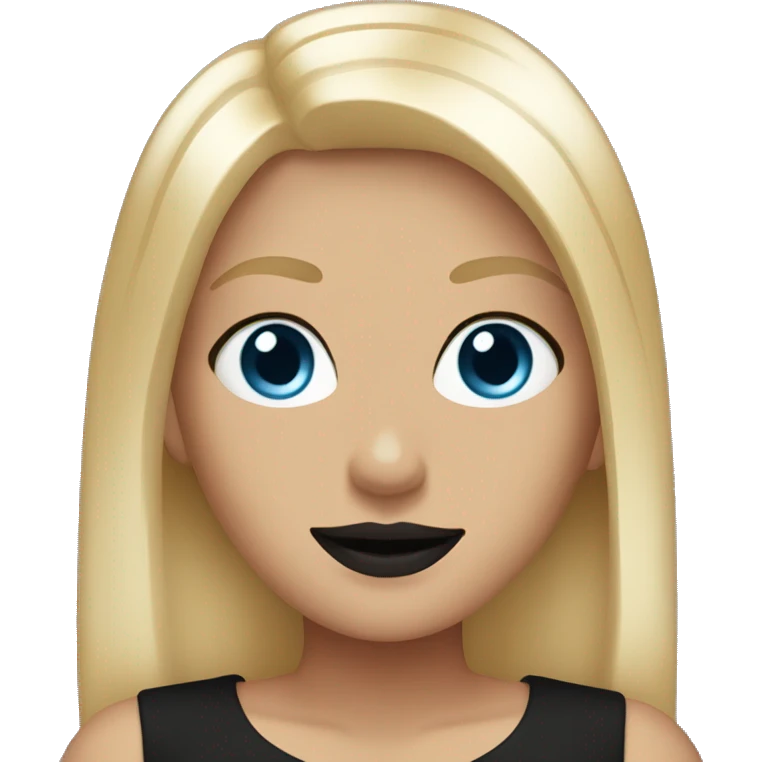 Blonde hair straight, blue eyes, black lips, smiling, and black top emoji