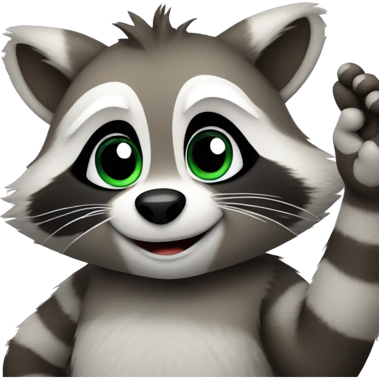 A cute fluffy raccoon waves his paw and greets emoji