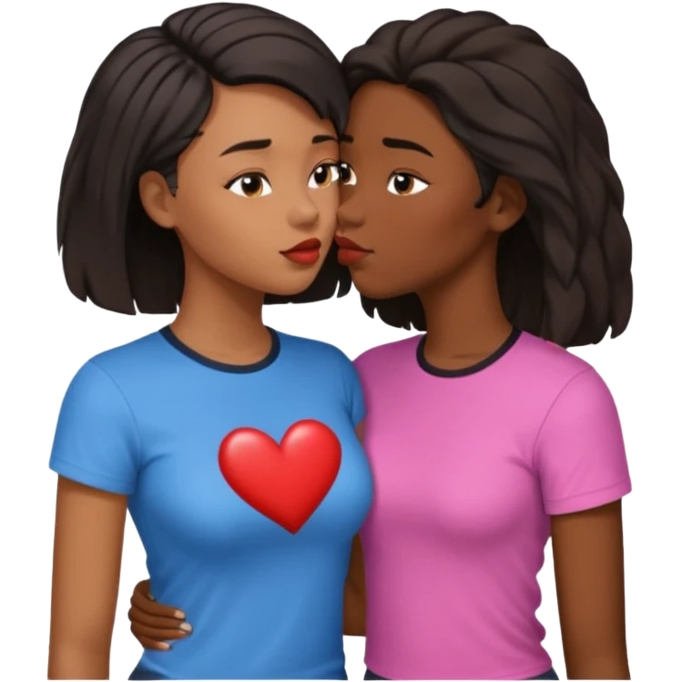 Black lesbian couple with one dark skin masculine with short haircut with a t shirt and one feminine with long hair in a blouse kissing emoji