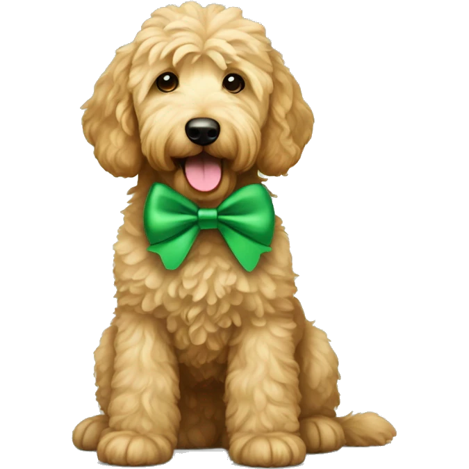 Goldendoodle wearing a green bow emoji