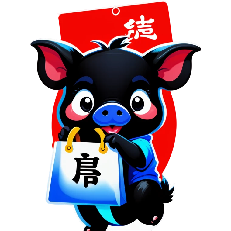a black piglet holding 4 bags with "福 “ written on it emoji