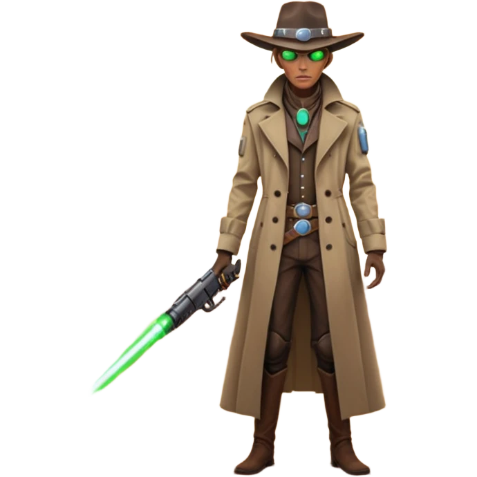 A tall alien cowboy standing in a dusty desert on an alien planet, wearing a futuristic cowboy hat and long trench coat, glowing eyes, twin plasma revolvers on his belt, dramatic sunset, cinematic lighting, ultra realistic, high detail, epic sci-fi western atmosphere

 emoji