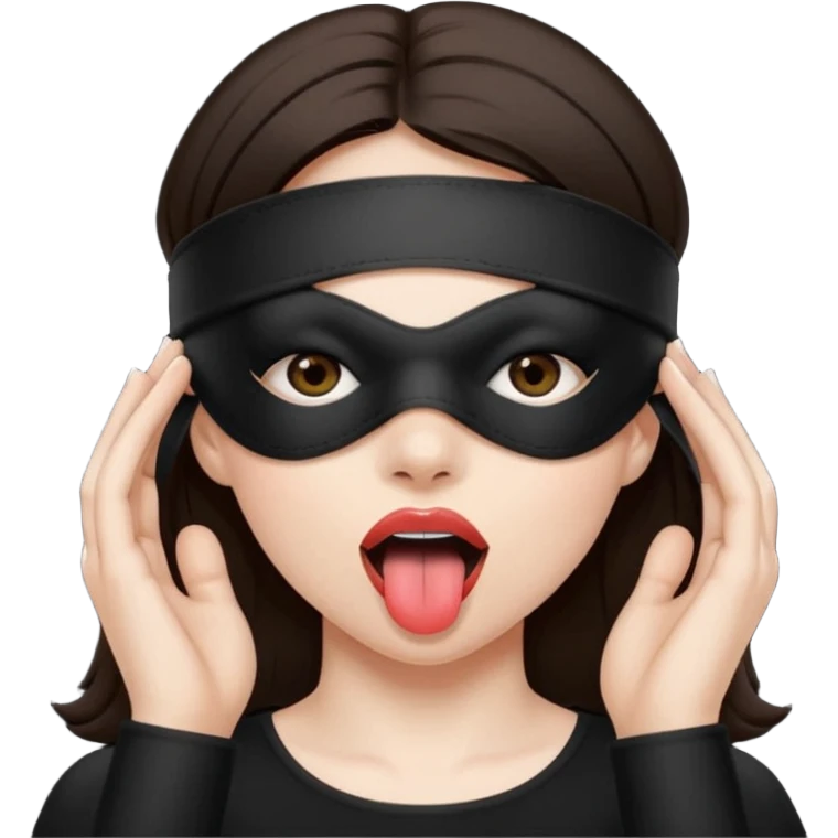 woman with dark brown hair wearing black blind fold completely covering her eyes. tongue out emoji