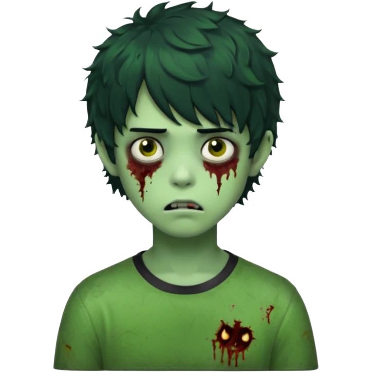 Boy, zombie, green skin, black curly wavy hair with bangs, short , round shaped hair, emo, dark, bored expression emoji