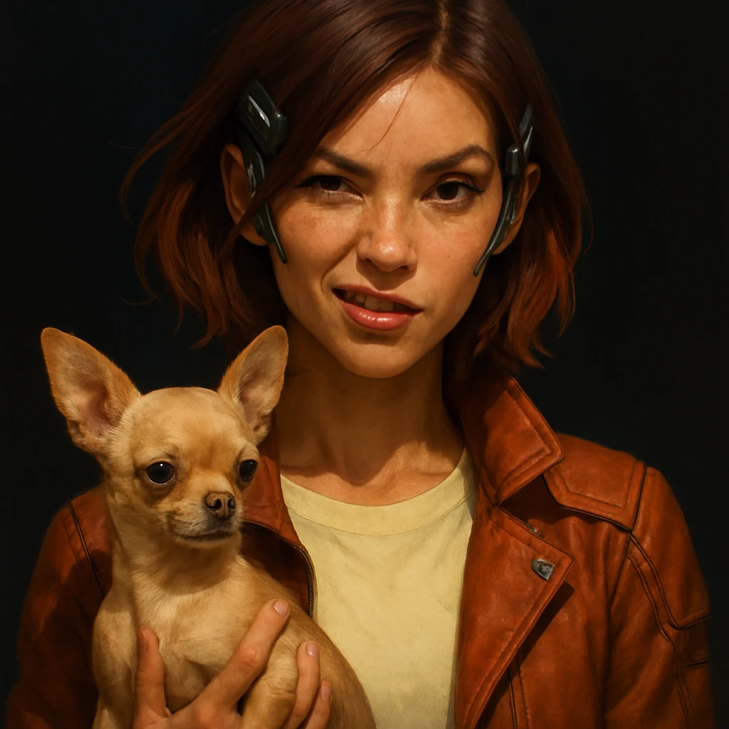 Portrait of a futuristic style woman with tanned skin and subtle freckles, wearing a pale yellow shirt (#FFF8CA) and a rust-colored jacket, mid-length brown hair with auburn highlights, rebellious and playful expression, holding a beige-brown chihuahua, dark background. emoji