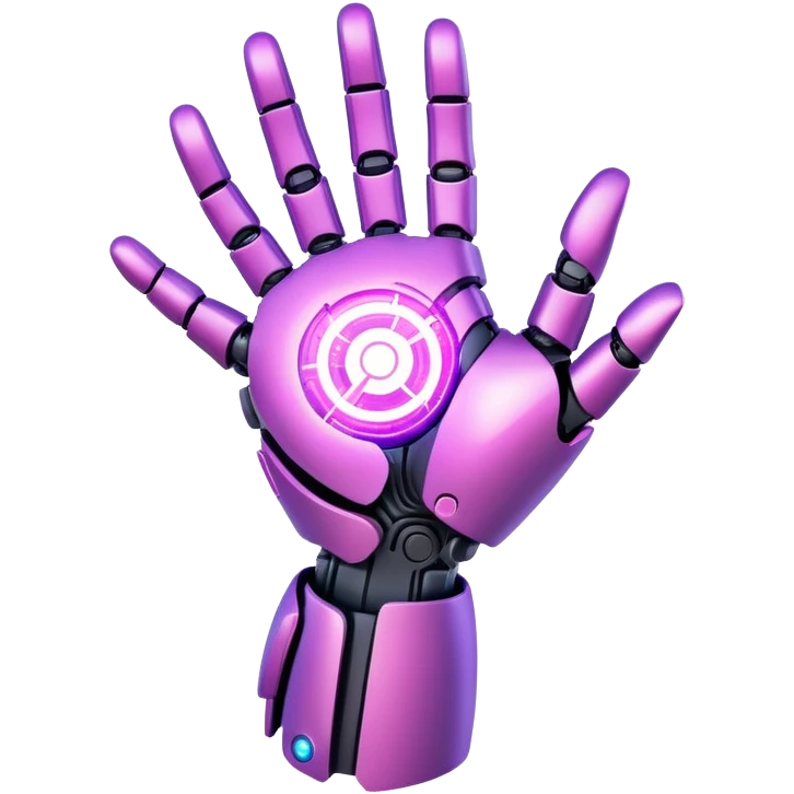 Earth held by a futuristic robotic hand, glowing with purple and pink digital lines, with a high-tech and futuristic atmosphere emoji