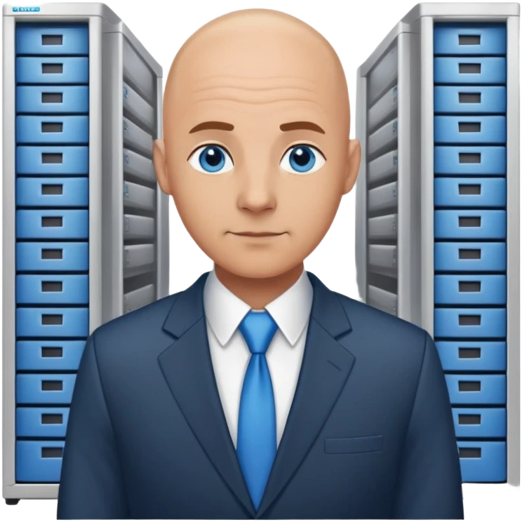 bald man, face and neck, blue eyes, kind face in a business setting and IT background emoji