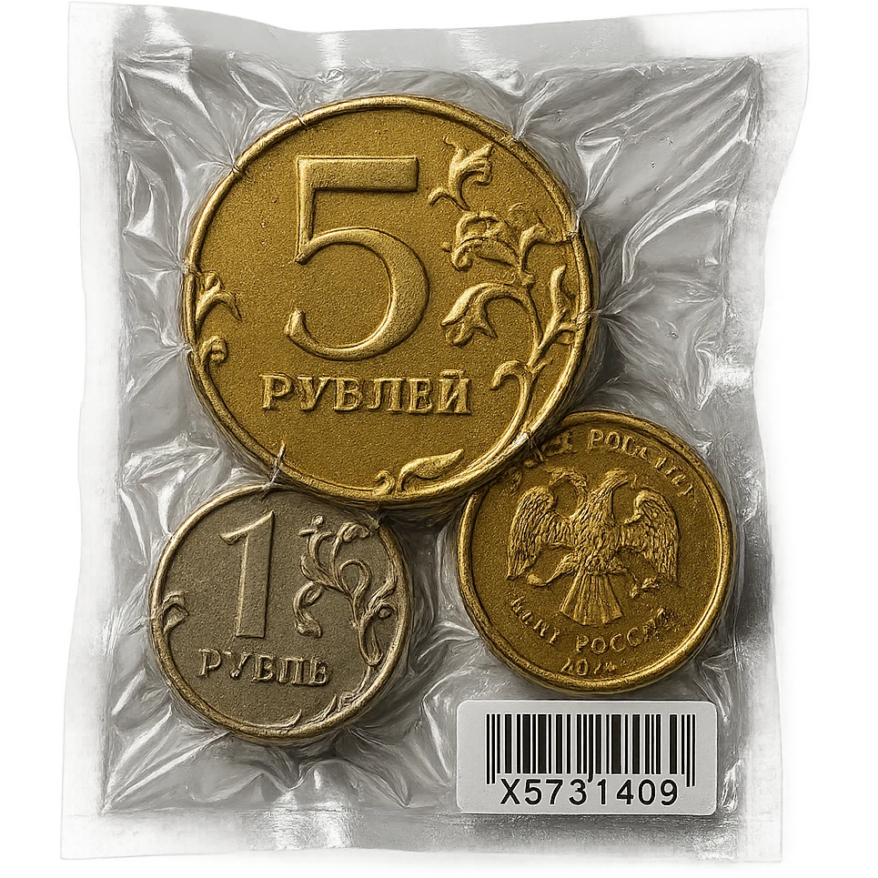 Russian coins, shiny and inflated, vacuum-sealed style emoji