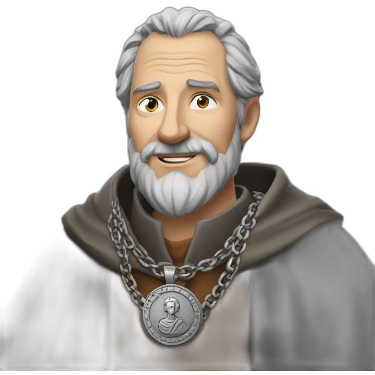 medieval coin engravers guild leader, 50 years old, grey hair, bust, has a necklace with a coin, has a coin in one hand emoji