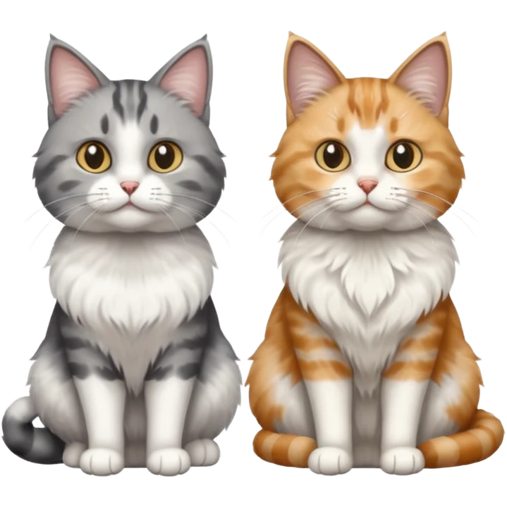 a realistic looking very fluffy grey and white cat sitting next to another cat emoji