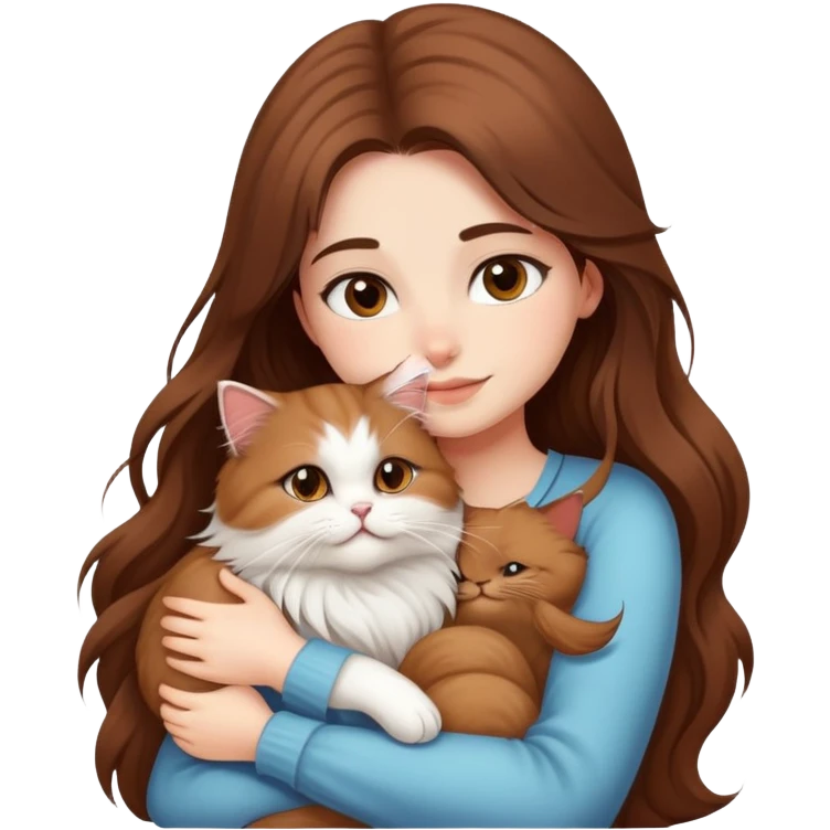 A pretty girl with long brown hair is hugging her Persian cat. emoji
