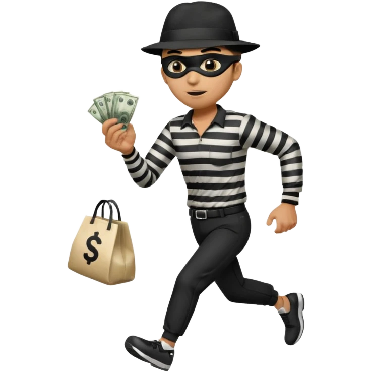 Make a man wear a black pant and he shirt is balck line and white line and wear a black hat and he holding a money bag and he running he wear a black eye thing emoji