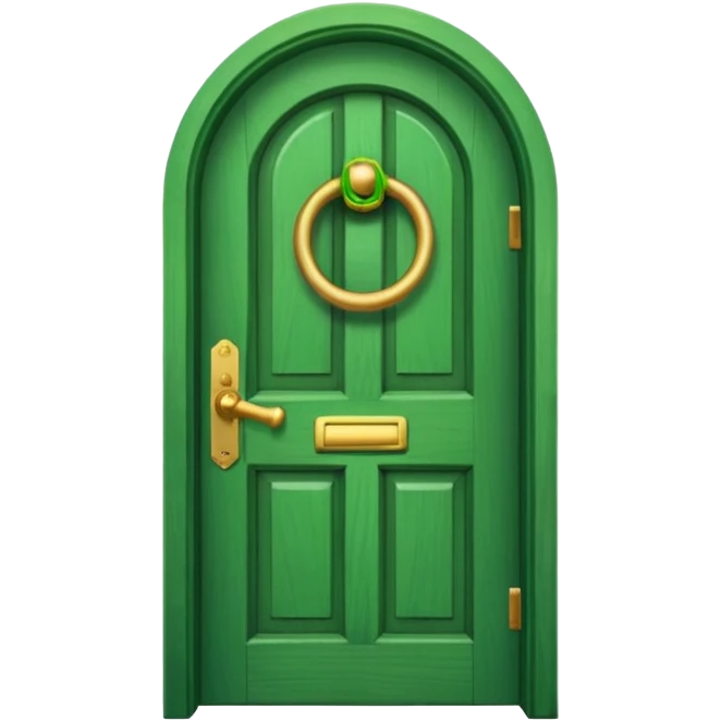 A wooden green door emoji in the style of Apple emoji with a handle, a window, and a knocker. emoji