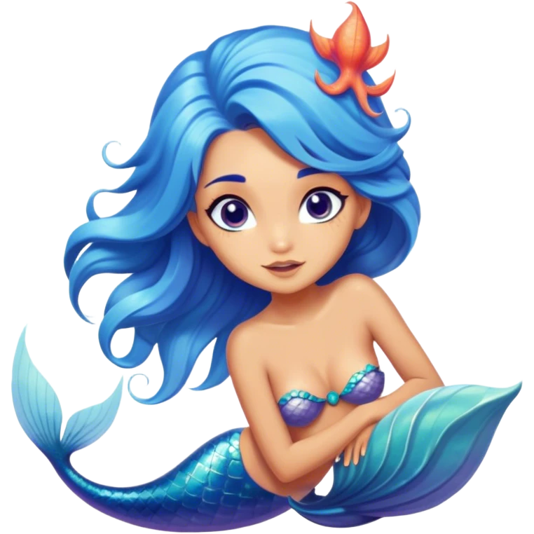 Cinematic Realistic Blue Hair Mermaid Portrait, head tilted playfully and inquisitively, showcasing a delicate, tropical form with finely detailed, flowing blue hair contrasting beautifully against her sun-kissed tanned skin. Her bright, curious eyes sparkle like sea gems under warm filtered light, rendered with lifelike clarity and soft underwater illumination—capturing the essence of a spirited mermaid poised to dance playfully amidst coral reefs. emoji