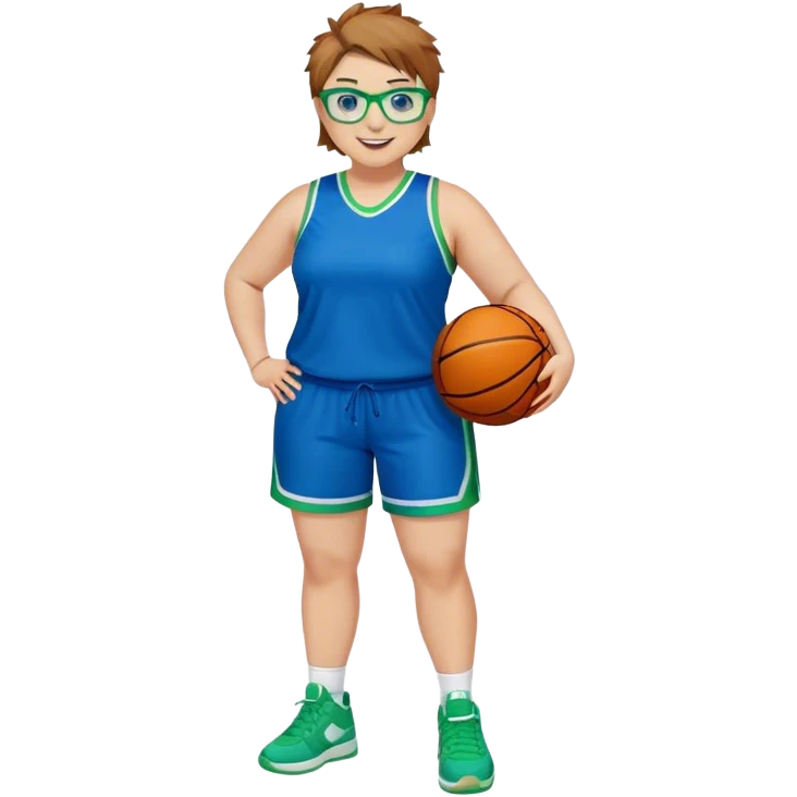 Full Body plus size white female basketball player with short light brown hair with carm highlights spike hair wearing blue glasses  wearing blue green uniform  green sneakers smiling l emoji