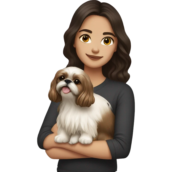 Young dark brunette hair woman with a golden shih tzu in her arms long wavy hair emoji