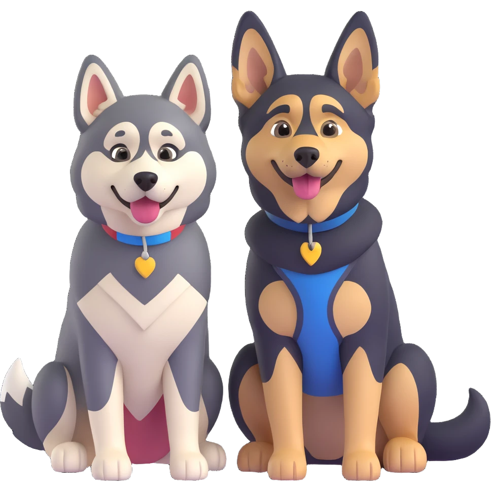 a husky and a German Shepherd sitting side by side both smiling with simple background emoji