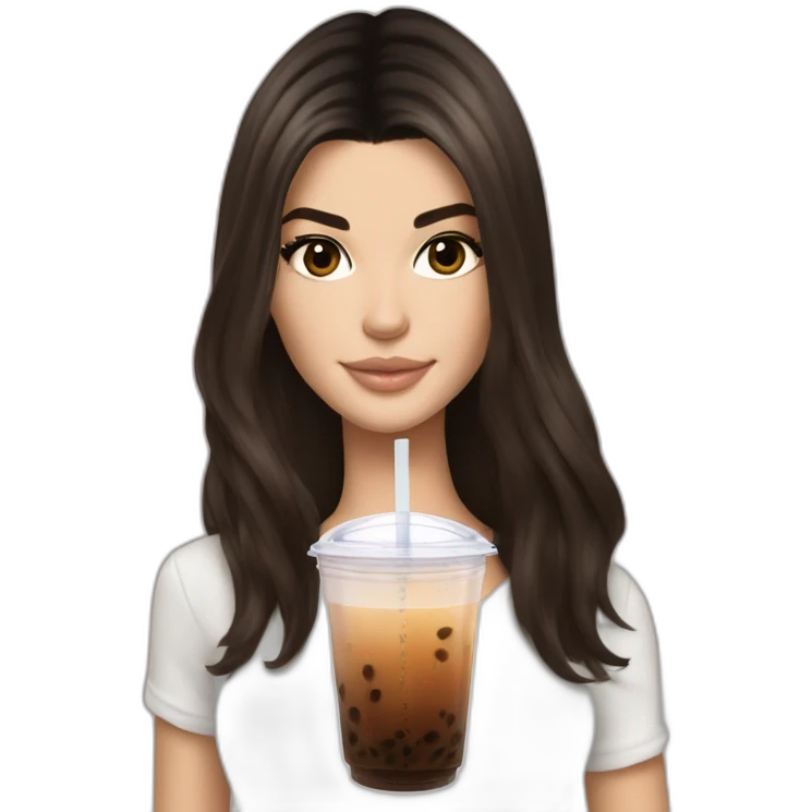 brunette Kendall Jenner with long hair holding bubble tea emoji