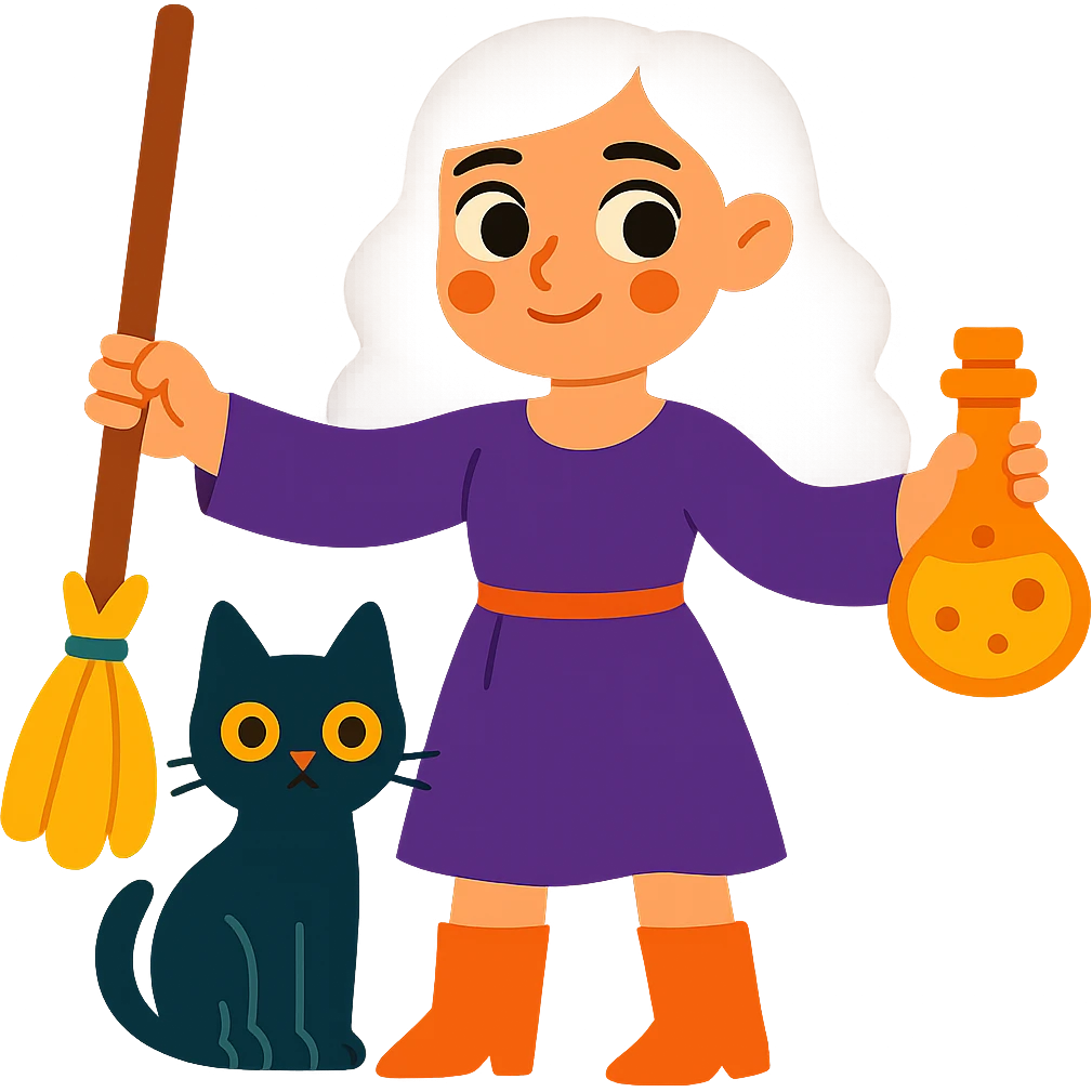 Remove the hat from the brunette girl witch with a black cat, keep her whimsical and magical, vibrant toon style, no background. emoji