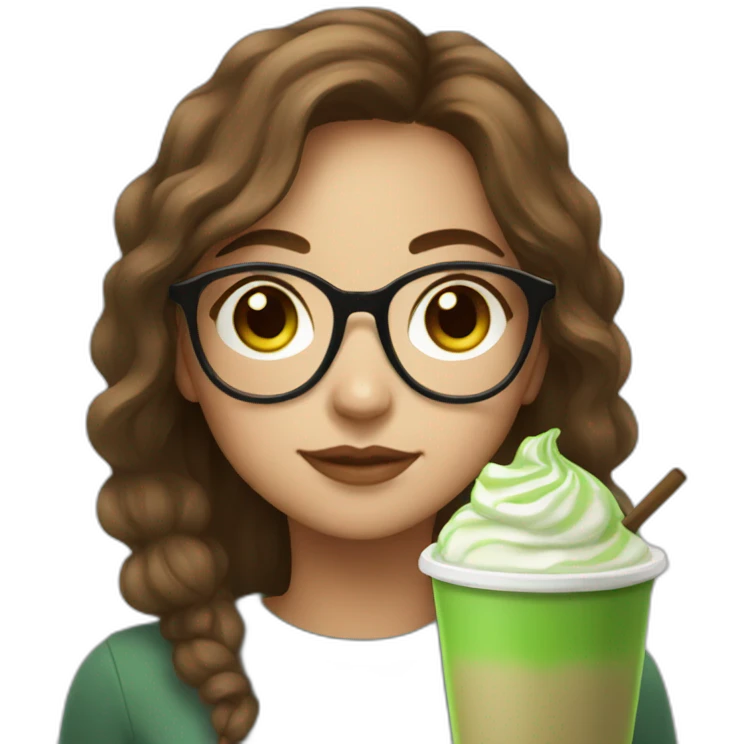 a girl with brown medium hair and round glasses drinking matcha latte emoji