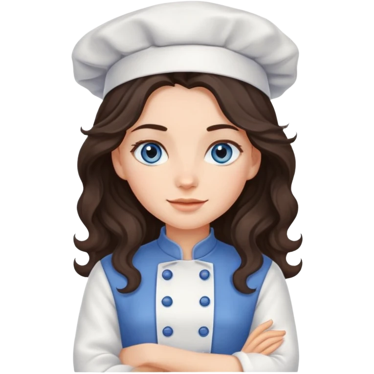 A girl with long, dark brown, wavy hair, grey-blue eyes. He cooks in the clothes of a cook emoji