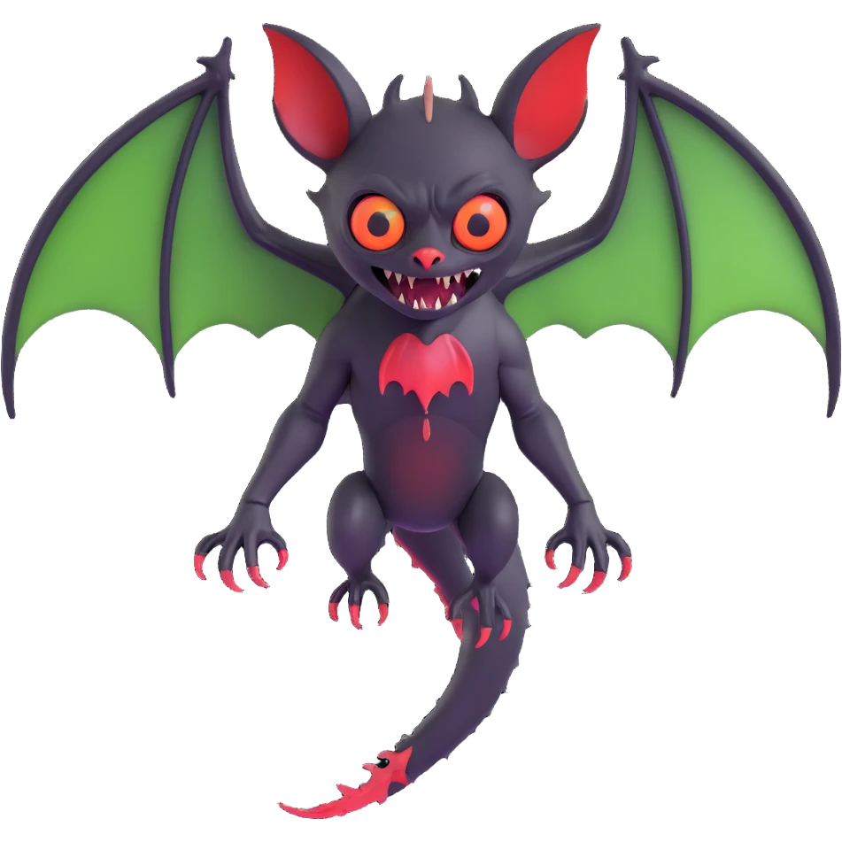 an all black reptilian bat-like creature. One cyclopian red eye in its face. no visible mouth or ears. 2 hind legs with claws. has a long tale with a stinger that drips green poison. no ears. no horns. no arms. visible bone-like stinger at end of tail emoji
