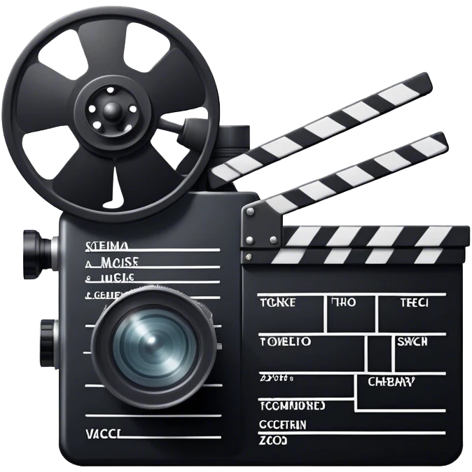 Icon for Acting in Theater and Movie: a stage with a spotlight and cinema, a film camera, a clapperboard and a dramatic mask. The design should represent both theatrical performance and cinematic art. Transparent background. emoji