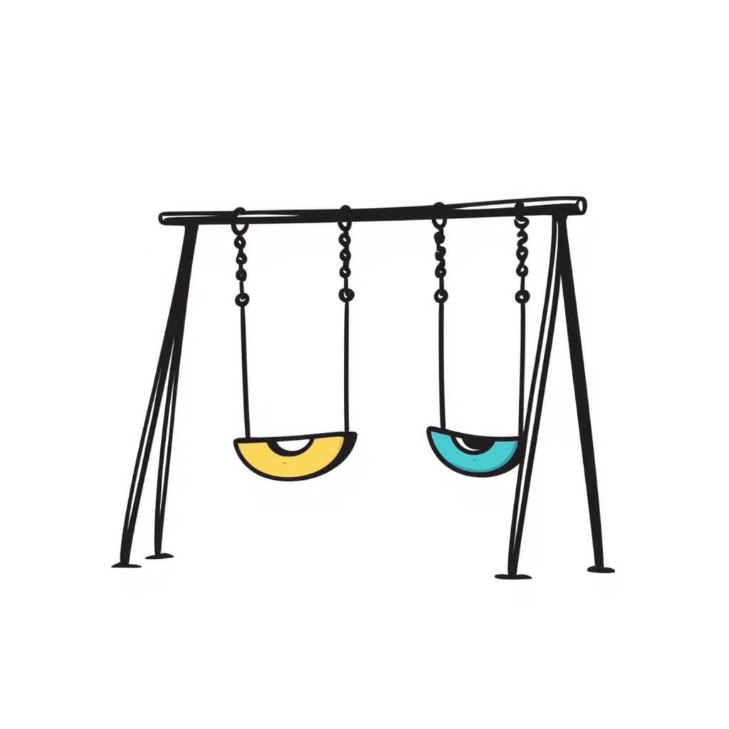 Children's playground swing set with seats in pastel colors (dd9fb0, ffc6d3, a3bfc9, c4bee2, f1b091), hand-drawn doodle style emoji