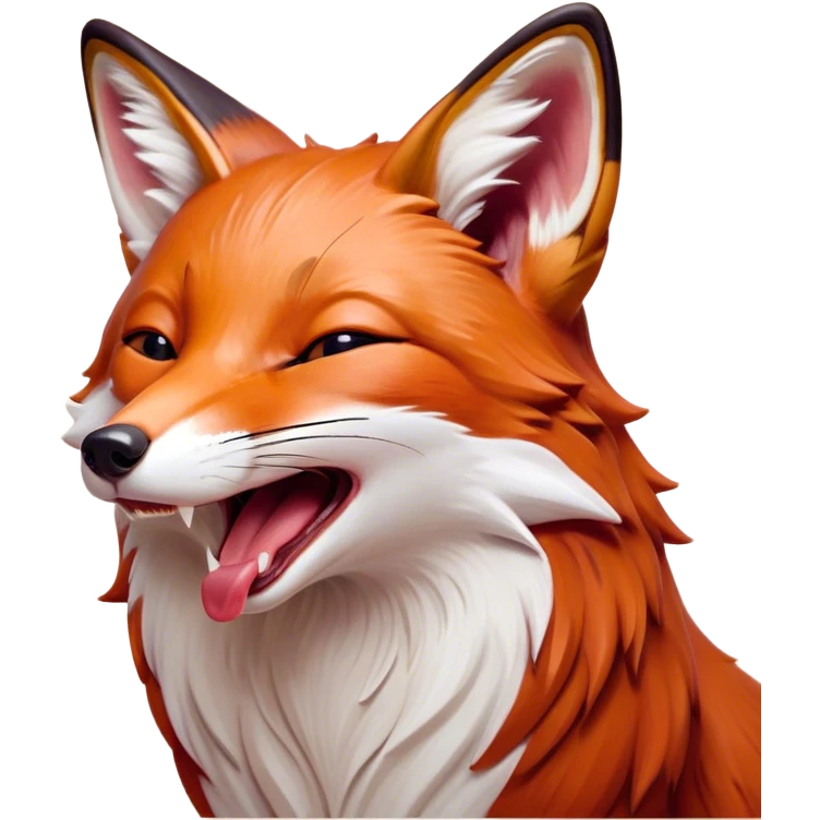 Cinematic Cute Yawning Fox Portrait Emoji, Head tilted slightly with a dramatic, wide-open yawn, showcasing a soft, velvety red Fur with subtle white accents, floppy ears slightly drooping, round amber eyes barely open in drowsy contentment, Simplified yet irresistibly adorable features, highly detailed, glowing with a soft, cozy glow, high shine, relaxed yet expressive, stylized with a touch of natural whimsy, bright and endearing, soft glowing outline, capturing the essence of a sleepy yet affectionate fox, so drowsy it feels like it could stretch right out of the screen and curl up for a nap! emoji