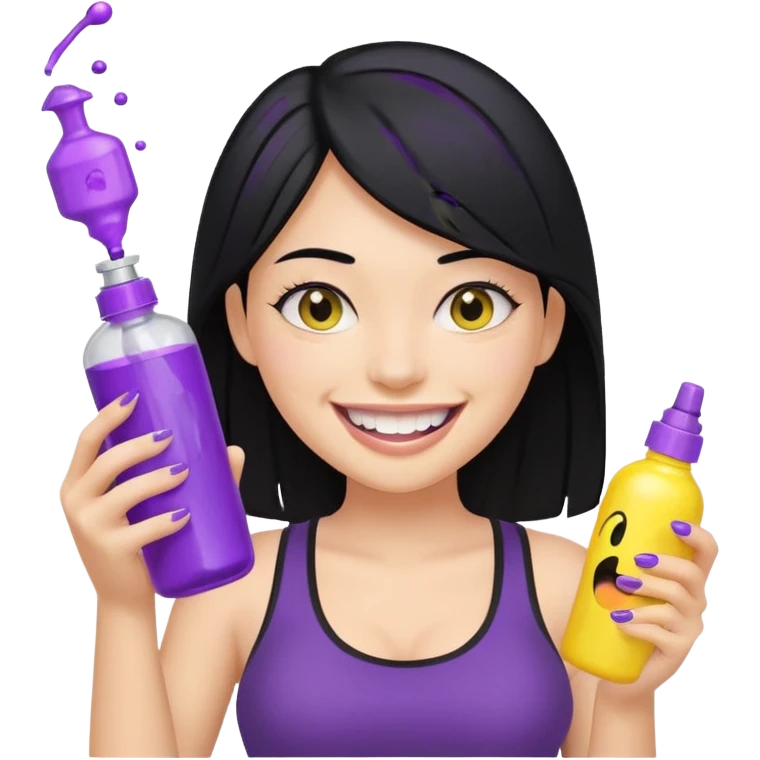 fair girl with black hair, black crop top, big smile with yellow teeth, holding purple and silver spray bottle, genmoji emoji style, reference attached can emoji