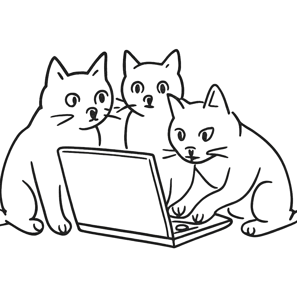 three cats at a computer, hand-drawn outline style emoji